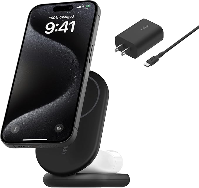 Belkin MagSafe-Compatible Charger, 2-in-1 Magnetic Foldable Charger 15W - Qi2-Certified Wireless Charging for Apple iPhone 16, Apple Watch, Samsung Galaxy S25 w/Non-Slip Base, PSU Included - Black
