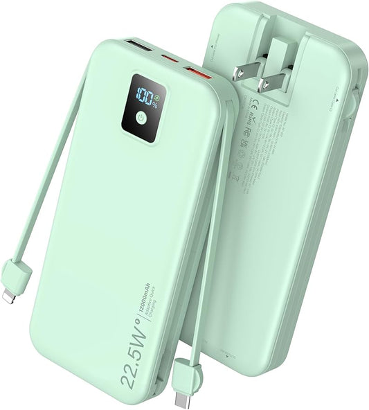 Portable Power Bank, 12000mAh 22.5W Fast Charging Phone Charger with Built-in Cables & Wall Plug, Travel Essential Battery Pack with LED Display, USB C Battery Charging Bank for iPhone, Samsung Green