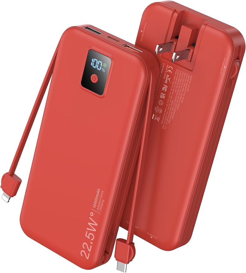 Portable Charger, 12000mAh 22.5W Fast Charging Power Bank with Built-in Cables & Wall Plug, Travel Essential Battery Pack with LED Display, USB C Battery Phone Charger for iPhone, iPad, Samsung Red