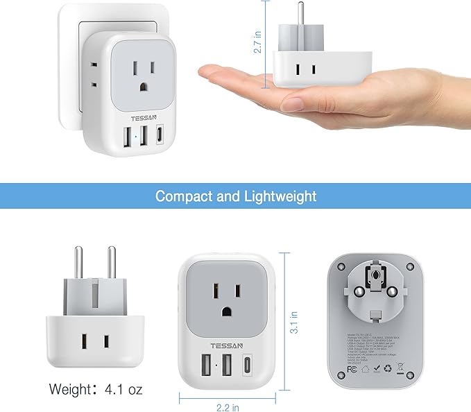TESSAN 2 Pack Type E F Plug Adapter USB C, Germany France Power Adaptor with 3 USB Charger Ports, 4 AC Outlets Travel Plug for US to Europe EU Spain Iceland Korea Greece Russia German French