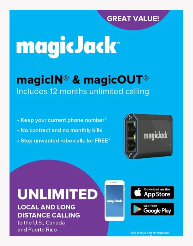 magicJack VOIP Phone Adapter - Unlimited Calls to US & Canada, No Monthly Bill, Portable Internet Phone with App, magicIN™ & magicOUT™ Service