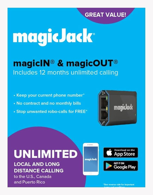 magicJack VOIP Phone Adapter - Unlimited Calls to US & Canada, No Monthly Bill, Portable Internet Phone with App, magicIN™ & magicOUT™ Service