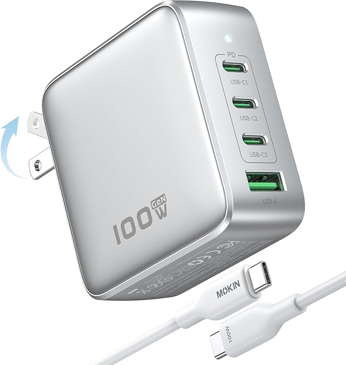 GaN USB C Charger 100W, 4 Port PD3.1 Laptop Charger Block Foldable Compact PPS Fast Power Adapter for MacBook Pro/Air, iPad Pro, iPhone 17/16 Series, Galaxy S25/S24, Pixel 10/9, Steam Deck, and More