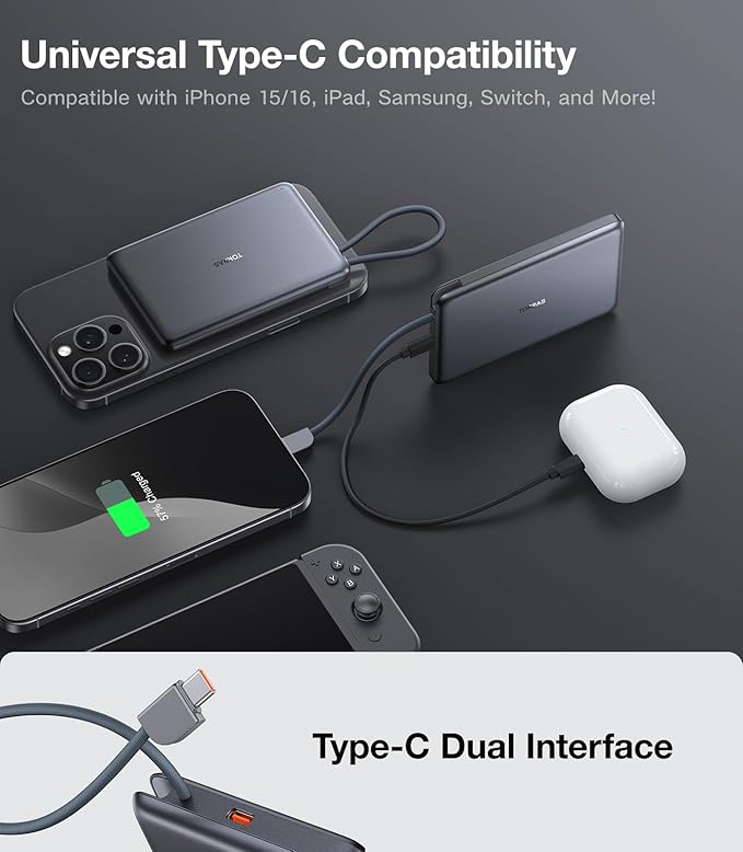 TORRAS Power Bank with Built-in USB-C Cable, Ultra-Slim 10,000mAh Portable Charger USB C, 22.5W Fast Charging Battery Pack for iPhone 16/15/Samsung S24 Ultra/Android, Glacier Grey (No-Wireless)