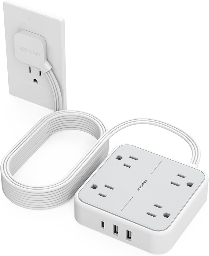 Surge Protector Flat Extension Cord 15Ft, TESSAN Flat Plug Power Strip with 4 Outlets 3 USB Ports (1 USB C), 900 Joules Protection, Multiple Wall Outlet Extender Suitable for Home Office Dorm, Grey