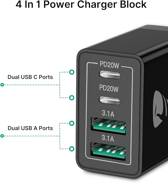 [2-Pack] USB C Wall Charger, Aiminu 40W Fast USB C Charger, 4-Port QC+PD 3.0 Power Adapter Double Fast Wall Plug Type C Charging Block for iPhone 15/14 Pro Max/13/12 mini/11/XS/XR,Tablet, Cube