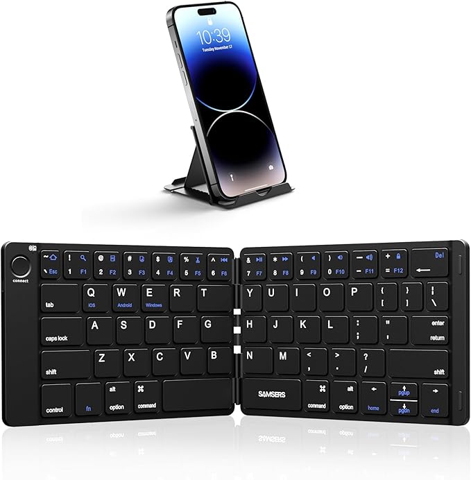 Samsers Foldable Bluetooth Keyboard - Portable Wireless Keyboard with Stand Holder, Rechargeable Full Size Ultra Slim Folding, Compatible iOS Android Windows Smartphone Tablet and Laptop - Black