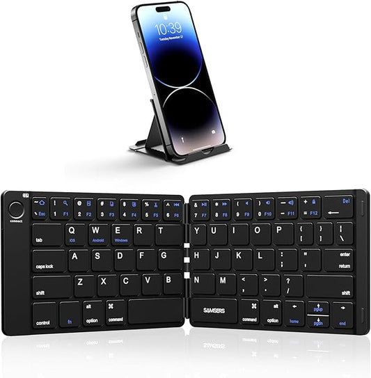 Samsers Foldable Bluetooth Keyboard - Portable Wireless Keyboard with Stand Holder, Rechargeable Full Size Ultra Slim Folding, Compatible iOS Android Windows Smartphone Tablet and Laptop - Black