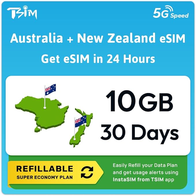 Australia New Zealand eSIM | 10GB Super Saver Refillable Plan! QR Code Sent via Email in 24Hrs - Scan & Use Immediately | Auto Activating 30 Day Validity | Hotspot | Data-Only No Phone Number