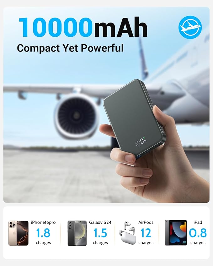 for Magsafe Portable Charger, Aluminum Alloy Small 10000mAh 20W PD Magnetic Power Bank, USB-C in&Out Wireless Battery Pack Phone Charger for iPhone 16/15/14/13/12 Plus Pro Max Series -Gray