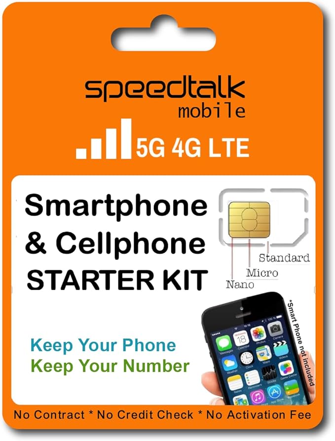 SpeedTalk Mobile Pre-Paid SIM Card Starter Kit – No Contract Wireless Plans from $5/mo Talk Text Data Unlimited Plans from $9/mo - Cellphone 5G 4G LTE iOS Android Smart Phones