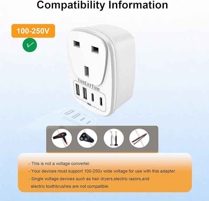 England to US Plug Adapter 2 Packs, UK Type G to US Travel Plug Adapter with 1 lreland AC Outlets, 4 USB Charger Ports (2 USB C), for Dubai, England, Scotland, Hong Kong, Singapore