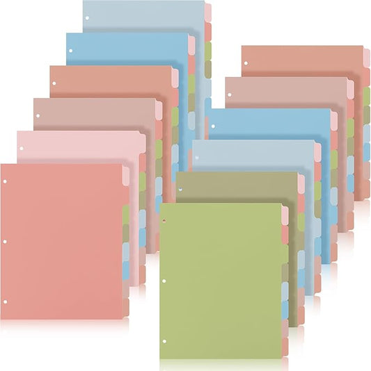 Honoson 12 Sets 8 Tab Dividers for 3 Ring Binders Plastic File 8.5 x 11 Inch Paper Multicolor Page Binder Index Dividers for School Office
