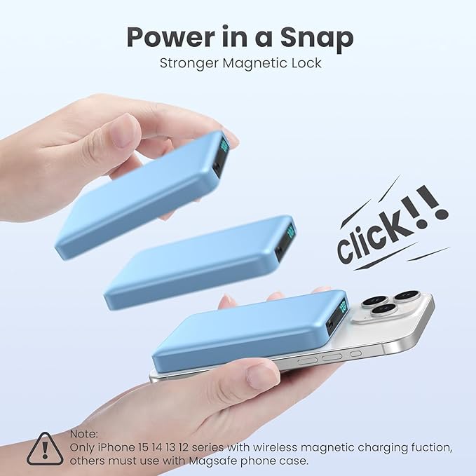 Magnetic Portable Charger Power Bank,Compact 10800mAh LCD Display Wireless Portable Charger,20W PD USB-C in&out Battery Pack Compatible with Magsafe,iPhone 15/15 Plus/15 Pro Max/14/13/12 Series-Blue