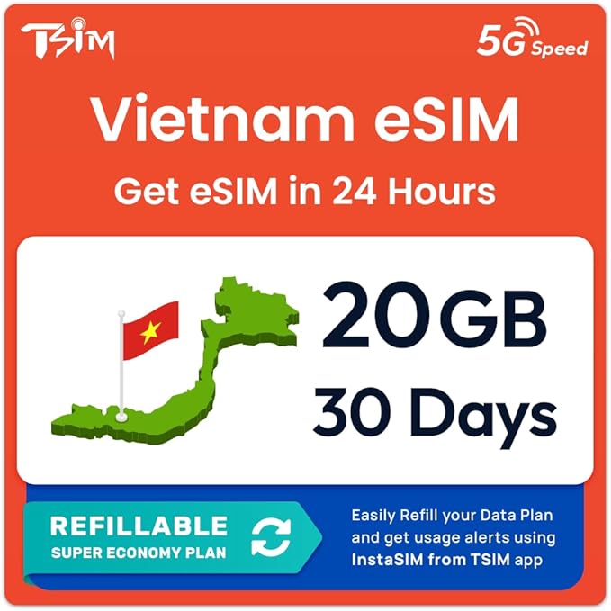 Vietnam eSIM | 20GB Super Saver Refillable Plan! QR Code Sent via Email in 24Hrs - Scan & Use Immediately | Auto Activating 30 Day Validity | Hotspot Allowed | Data-Only No Phone Number