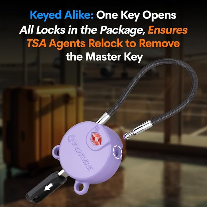 Forge TSA Approved Luggage Locks Ultra-Secure Dimple Key Locks, Cable Lock, for Travel with Zinc Alloy Body- 2 Purple Locks