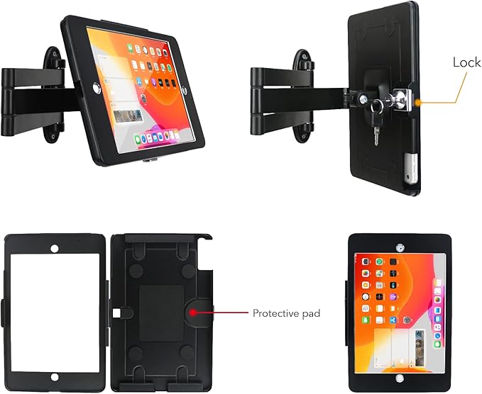 Tablet Wall Mount Bracket with fold for iPad 10.2-Inch (9th,8th,7th Gen.), Extend Adjustable Arm Swivel with Anti Theft Security Lock and Key, Multi Angle, Rotate Design,Metal (Black)