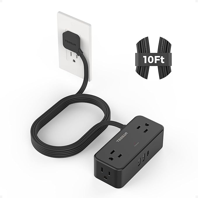 Black Extension Cord 10 Ft, TESSAN Power Strips with Surge Protection 900J with 4 Wide Spaced AC Outlets 3 USB Ports(1 USB C), Extension Cord with Multiple Outlets for Home Office Dorm Room
