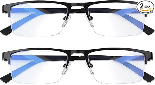 Blue Light Blocking Glasses, Lightweight Metal Half Frame Computer Reading/Gaming/TV/Phones Glasses,Filter UV Ray/Computer Glare with Spring Hinge Eyeglasses(2PCS Black)