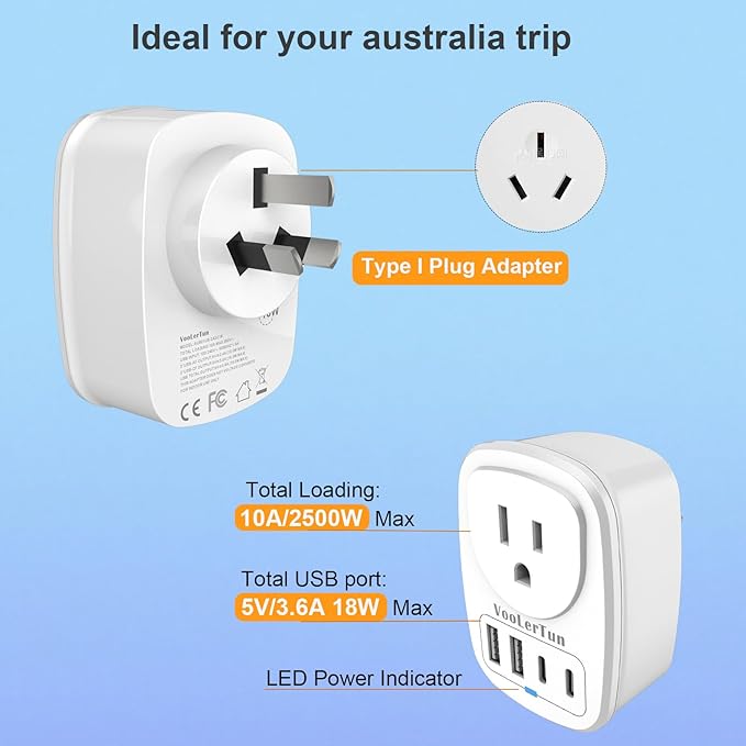 2 Packs Type I Australian Plug Adapter, VooLerTun Timor Argentina Travel Plug Adapter with 4 USB Charger Ports (2 USB C),1 American Outlet Adapter. US Converter for Australia Travel