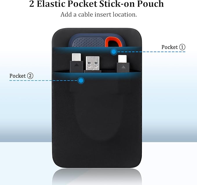 Lacdo Portable Hard Drive Sleeve for Laptop, 2-Pocket Stick on Pouch with Reusable Adhesive, for San Disk, Samsung, Crucial External Solid State Drive SSD Hard Drive Carrying Case Organizer, Black
