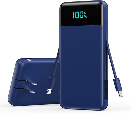 Portable Charger 13800mAh Power Bank with Built-in Cables,LCD Display Fast Charging USB C Battery Pack,4 Outputs Travel Essential Portable Phone Charger for iPhone 16/15/14/13,Android (Navy Blue)