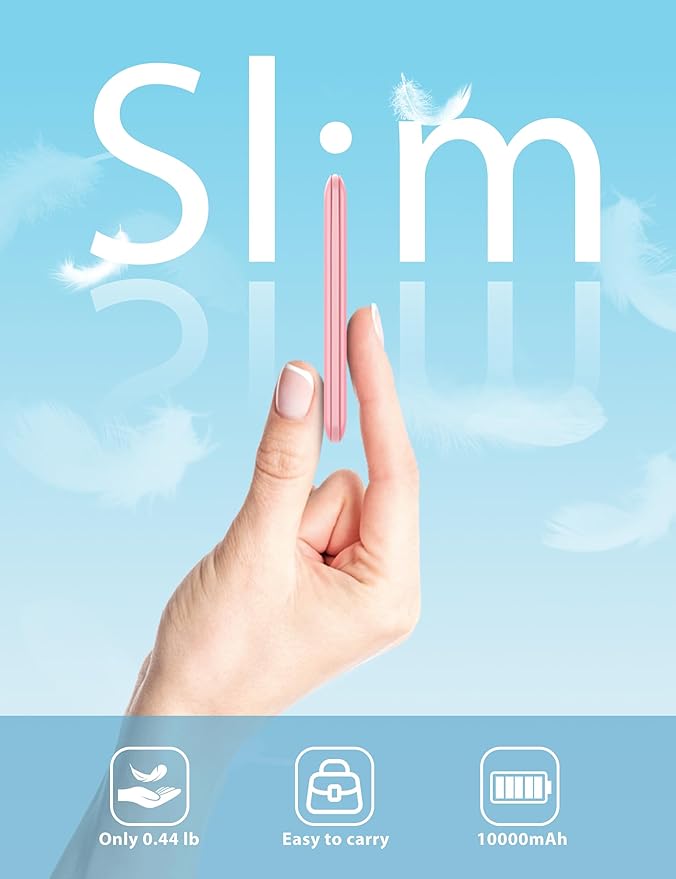 miisso 10000mAh Slim Portable Charger with Built in Cable, Power Bank Travel Charger External Battery Pack for Phone, 3 Output USB Type C Cord Clutch Charger Compatible with iPhone, Pink