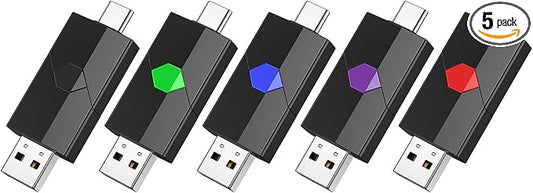 Aiibe 128GB USB C Flash Drive 5 Pack - Type C + USB A Memory Stick, Push-Pull USB 2.0 Thumb Drive (Black, Green, Red, Blue, Purple)