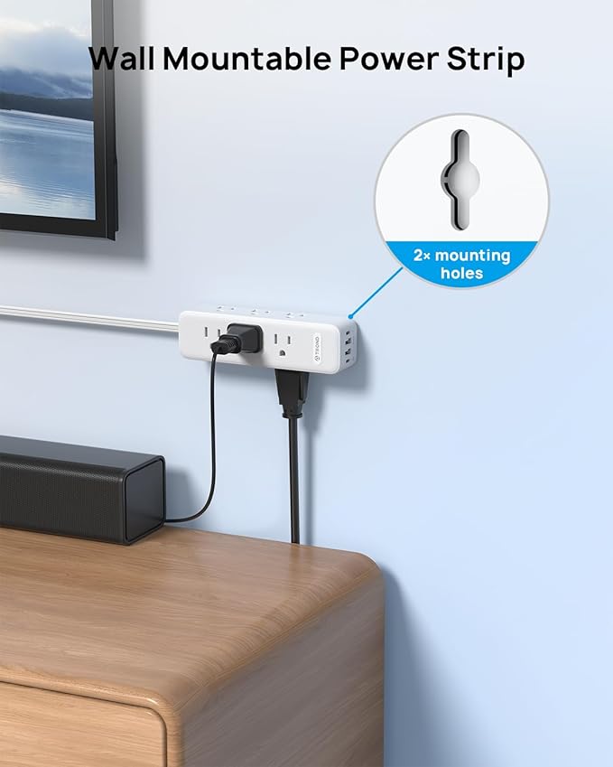 Surge Protector Power Strip with USB: TROND 5ft Flat Plug Extension Cord with 9 Outlets, 20W USB C Port, Supports Fast Charging, Mountable Desk Charging Station, Office Hotel Dorm Room Essentials