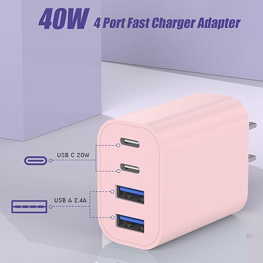 40W USB C Charger Block, [2 Pack] 4-Prot USB Type C iPhone Fast Charging Brick,Multiport Apple Adapter for iPhone 17/17Air/16e/16 Pro/16 ProMax/15/14/13/12,iPad Pro/iPad Air,iPad mini,iPad (Pink+Blue)