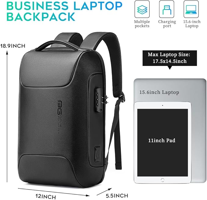 BANGE Black Genuine Leather Laptop Backpack for Men，Anti Theft Business Backpack with USB3.0 Charging Port, Smart Professional Lightweight Travel Backpacks for 15.6 Inch Laptop…