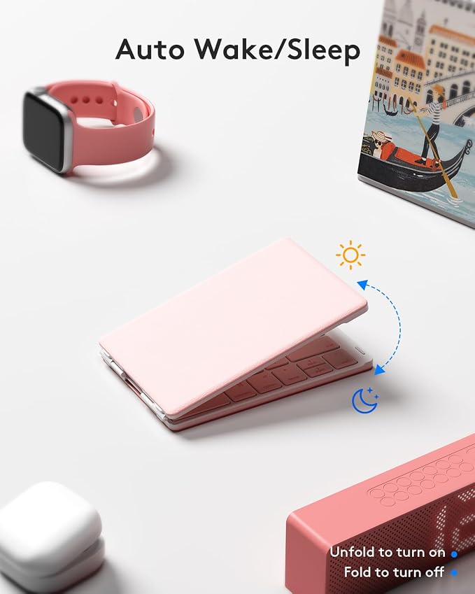 Samsers Bluetooth Foldable Keyboard - Wireless Portable Folding Keyboard, Full-Size Ultra-Slim Rechargeable Connect Up to 3 Devices for iOS, Android, Windows Phone, Tablet, Laptop - Pink