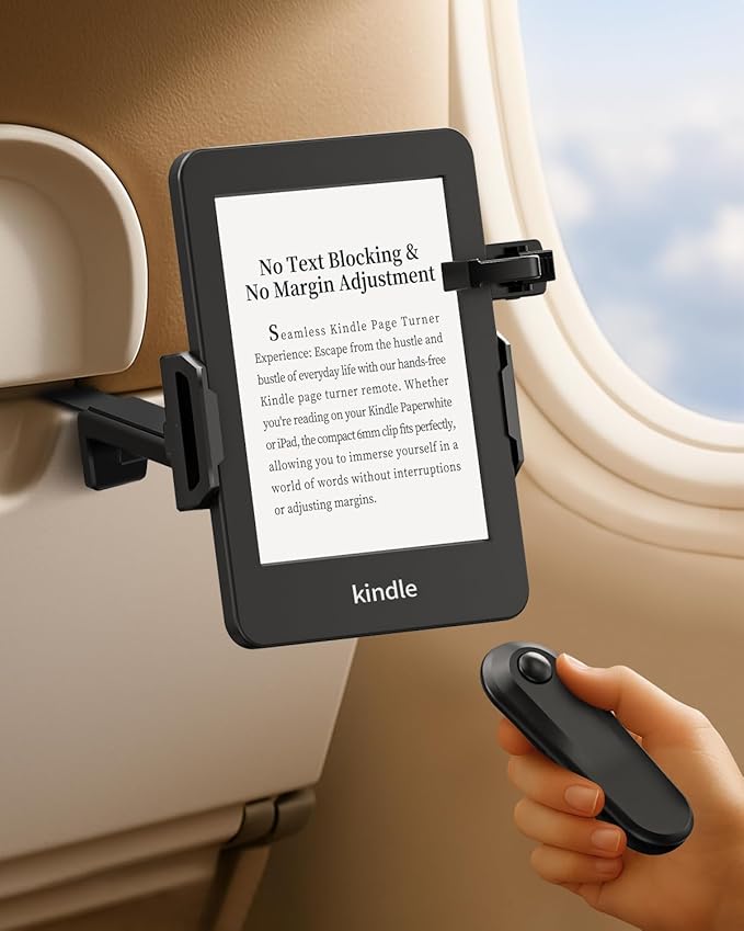 Kindle Travel Stand with Remote Page Turner – Foldable Kindle Holder and Clicker for Hands-Free Reading on Airplanes, Commutes & Camping