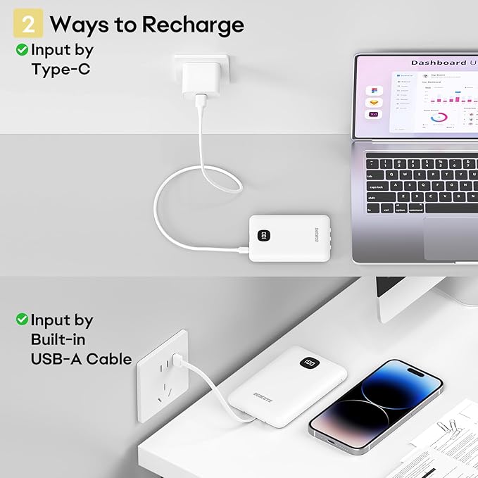 Portable Charger 10000mAh Power Bank with Digital Display, External Battery Pack with Built-in Cables, Ultra-Compact USB-C in&Out Travel Essential for iPhone, Android, Samsung etc