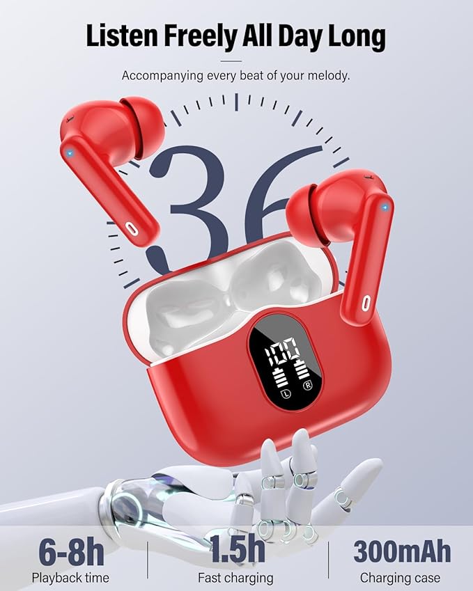 Wireless Earbuds, Bluetooth 5.4 Headphones Bass Stereo, Ear Buds with Noise Cancelling Mic, LED Display in Ear Earphones Clear Calls, IP7 Waterproof Bluetooth Earbuds for Laptop/Phones/Sports, Red