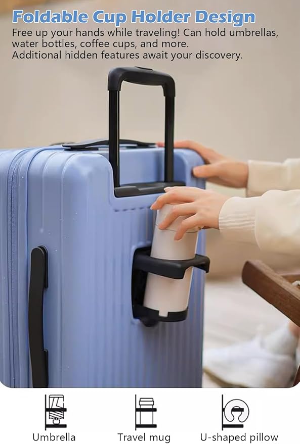 HotWay 24 Inch Expandable Checked Luggage with Cup Holder, Hardside TSA Approved Luggage with Spinner Wheels, Top Opening Suitcase For Travel, Black