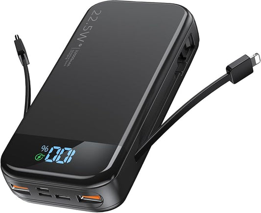 Portable Charger 32000mAh, 22.5W QC 3.0 PD 20W Smart LED Display Fast Charging Built in Cables MFi Certified Power Bank, External Battery Pack Charge 5 Devices Compatible with Cellphones (Black)