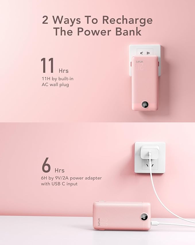 VRURC Portable Charger 20000mAh, Fast Charging Power Bank USB C,4 Output 2 Input Travel Essentials Charging Bank Equipped with LED Display,Built-in Wall Plug and Cables,Phone Charger Battery,Pink