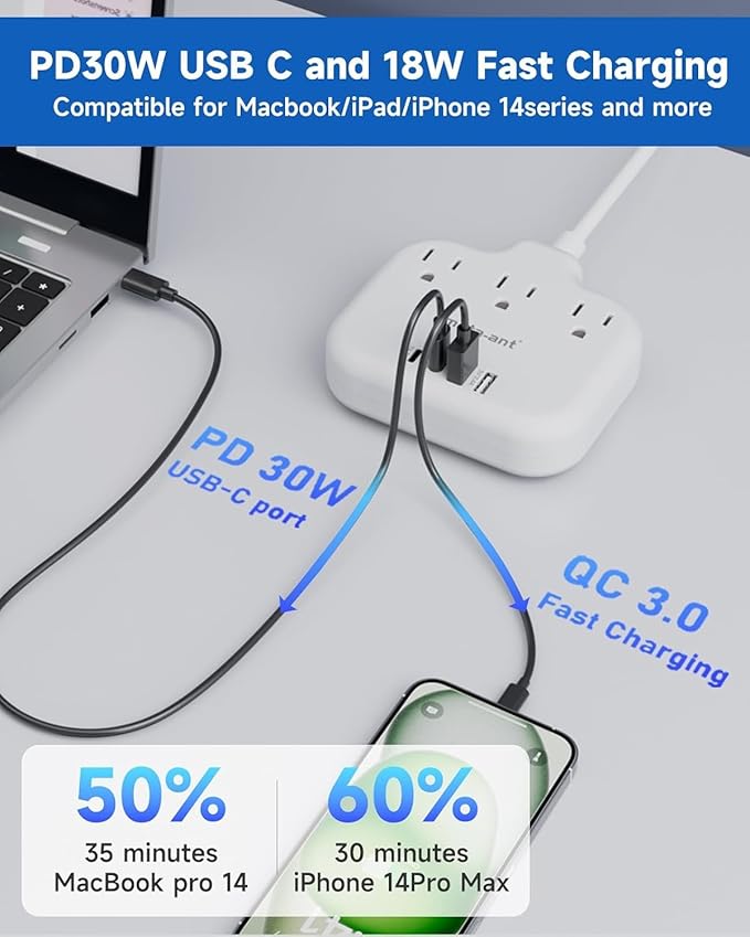 PD30W European Travel Plug Adapter, International Power Adapter with 3 Outlets 2 USB-C and 2 USB-A Fast Charger, Universal Travel Adapter with 3ft Extension Cord for EU US UK Europe France Spain