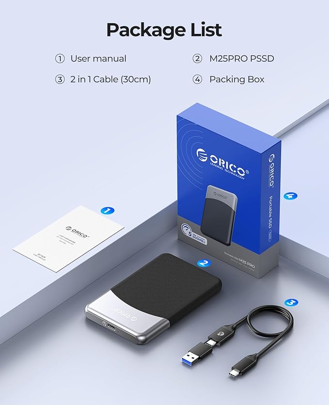 ORICO 1TB External SSD with 2 in 1 USB C Cable, Portable Solid State Drive USB 3.2 Gen 1 Up to 460MB/s, Dust and Drop Resistance, Reliable Storage for USB-C Smartphone, PC, Tablet, Labtop - M25PRO