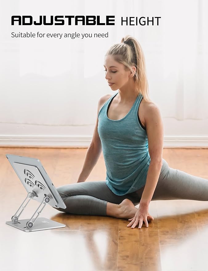 Adjustable Tablet Stand for Desk, Premium Aluminum Holder for iPads, Tablets, Kindles, Switch, Phones, and All Devices up to 14 Inches. Portable and Foldable Silver, Plus Size
