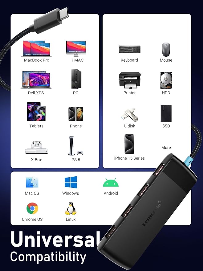 10Gbps USB C Hub, 4 Ports USB 3.2 Splitter for Laptop, USB C to USB Multiport Adapter w/Charging Port, for MacBook Pro/Air, iMac, Surface Pro, Dell, HP, iPad, Samsung, Etc., 0.65ft Cable