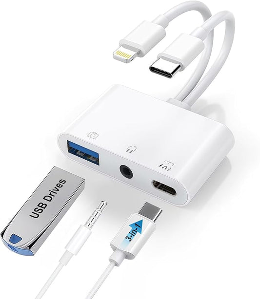 USB-C & Lightning to 3.5mm Headphone Adapter, 3-in-1 USB OTG Camera Adapter & Aux Headphone Splitter, Supports Charging/Audio/Data Transfer for iPhone 16/15/14/13/12, Samsung Galaxy S25/24, Laptops