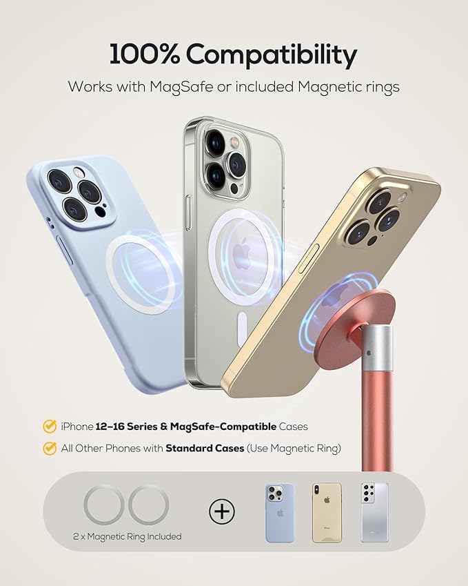 Nulaxy Magnetic Full Aluminum Phone Stand, 360 Rotating Cell Phone Stand for Desk with Metal Ring, Adjustable Phone Holder Compatible with Phone 17 16 15 14 Pro Max and MagSafe Case, Pink