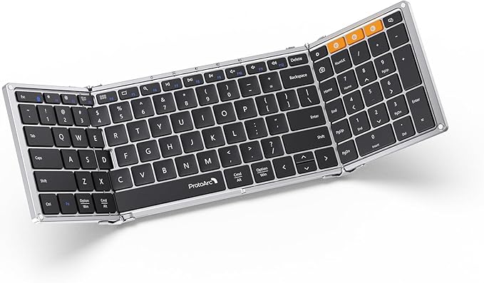ProtoArc Foldable Bluetooth Keyboard, XK01 Folding Wireless Portable Keyboard with Numeric Keypad, Full-Size Travel Keyboards for iPad Tablet Smartphone Laptop PC Windows iOS Android, Black Silver