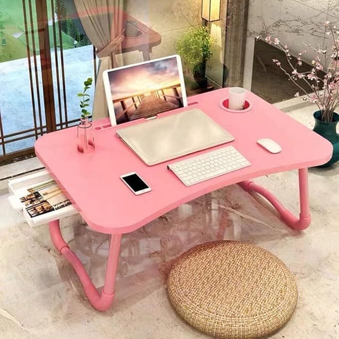 Laptop Desk Foldable Bed Table, Portable Lap Desk Laptop Bed Tray Table with Storage Drawer and Cup Holder, Lap TraysTables Notebook Stand Reading Desks Breakfast Tray for Beds Couch Sofa Floor – Pink