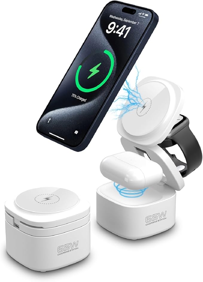 OneCharge Station, 5 in 1 Foldable Wireless Charging Station（PD Fast）,Travel Charger for iPhone Apple Watch AirPods Laptop