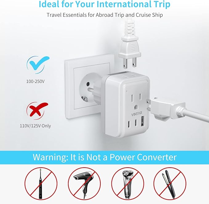 European Travel Plug Adapter Kit, VINTAR International Plug Adapter with 3 USB Ports (2 USB C,3.4A) 2 American Outlets, Type C,G,E/F Detachable Attachments, Adapter for US to UK Europe France Italy