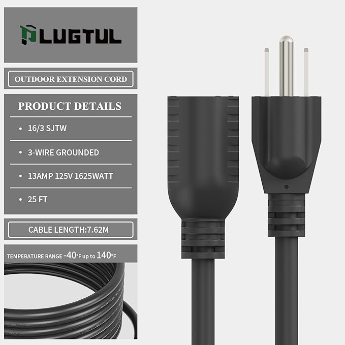 PLUGTUL 2-Pack 25 FT Outdoor Extension Cord, Waterproof, Heavy Duty 3 Prong Black, 13A 1625W SJTW, ETL Listed, Great for Garden and Home