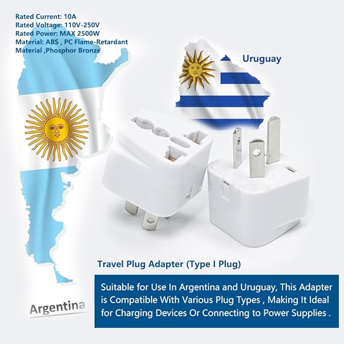 US to Argentina and Uruguay Travel Adapter Type I,Travel Plugs for Argentina ，Universal to Brazil/Australia/Switzerland Type N, Power Plugs Pack of 2 （White ）